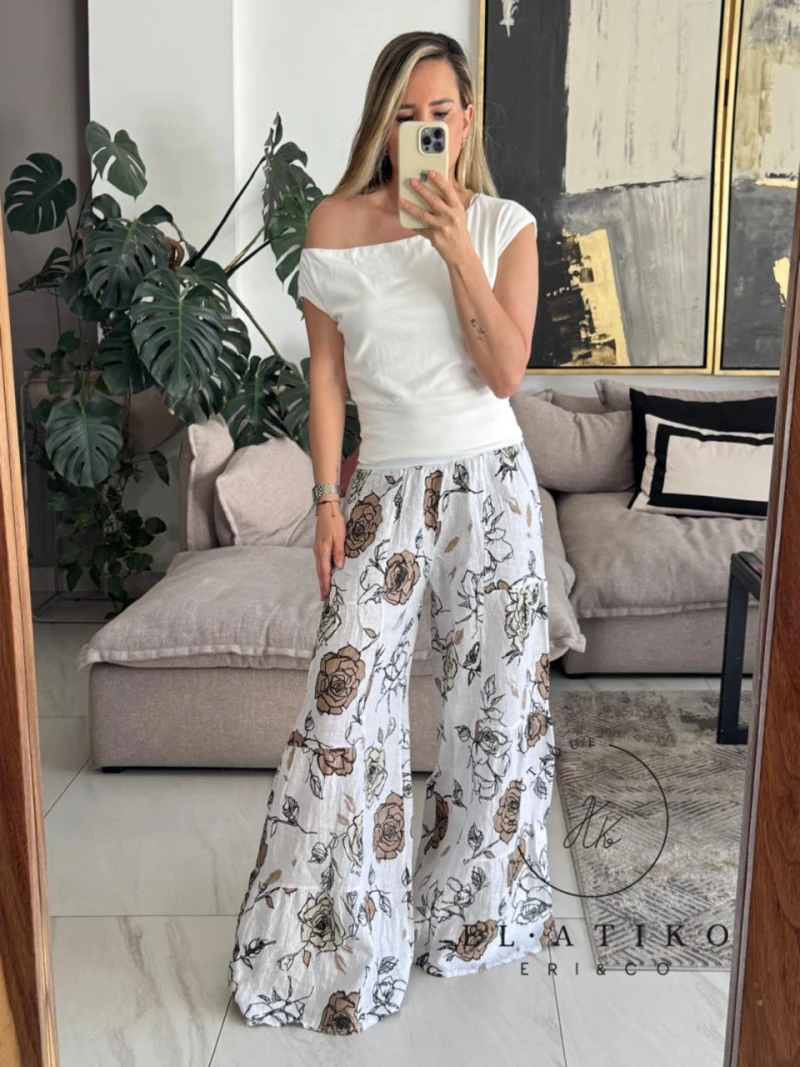 Pantalón blanco lino estampado 
