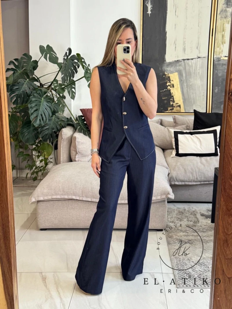 Set azul chaleco con botones