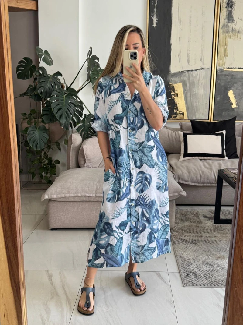 Vestido de linos estampado flores azules