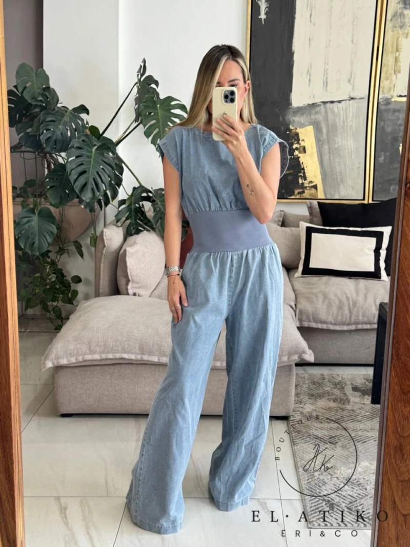 Jumpsuit de mezclilla con resorte en cintura 