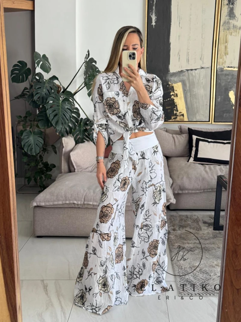 Pantalón blanco lino estampado 