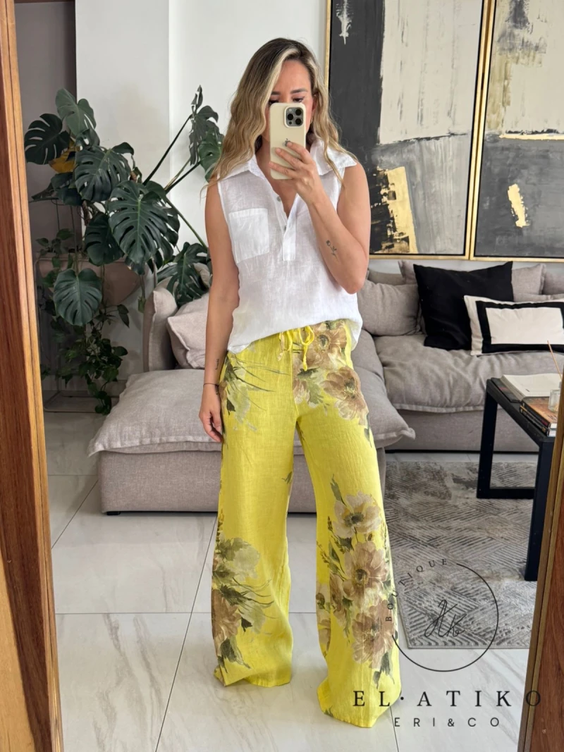 Restock -Pantalón de lino amarillo estampado 