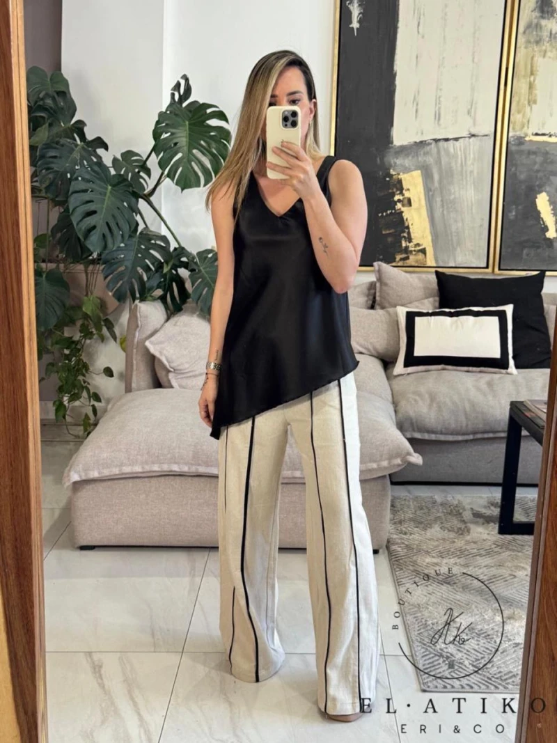 Pantalón tipo lino franjas negras 