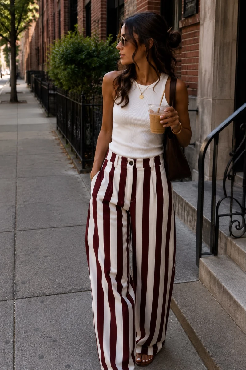 Pantalon rayas tinto y beige